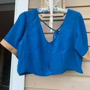Blue Crepe silk SARI SAREE blouse. gold border. NWOT. Chest: 39-40”. Custom-made